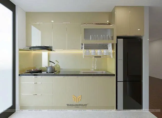 Mẫu tủ bếp inox chữ I kịch trần sang trọng, hiện đại